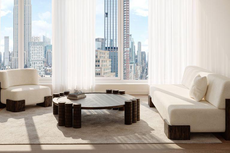 Interior designer sourcing collectible furniture, professional selecting piece in design showroom
